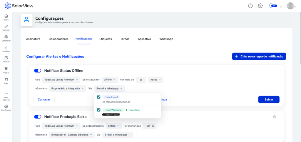 configurar alerta no zap sv